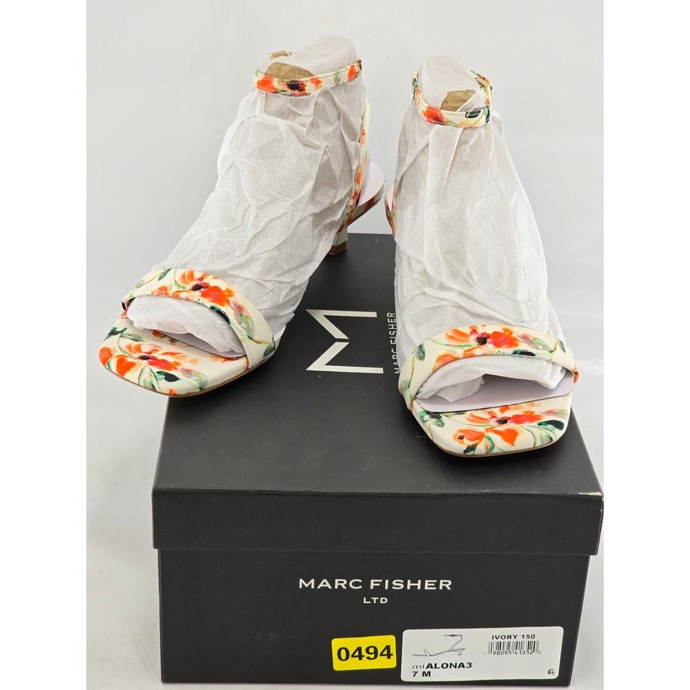 Marc Fisher Alona3 Sandals Womens 7 Ivory Orange Floral Ankle Strap - NIB